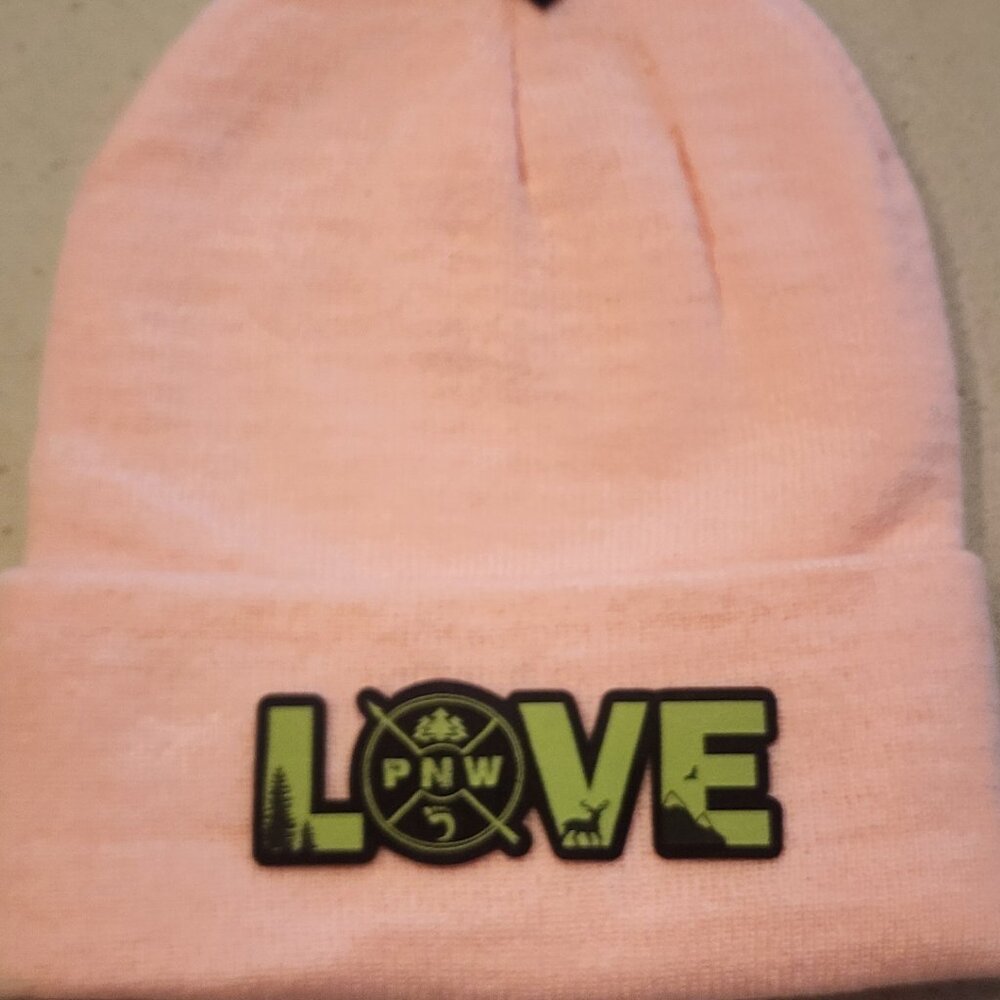 LOVE pnw Patched Knit Cuffed Beanie in Soft Pink